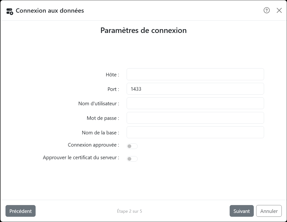 L'étape Paramètres de connexion de l'assistant pour SQL
Server : Hôte, Port avec 1433, Nom d'utilisateur, Mot de passe, Nom de la base, et les interrupteurs Connexion
approuvée et Approuver le certificat du serveur.