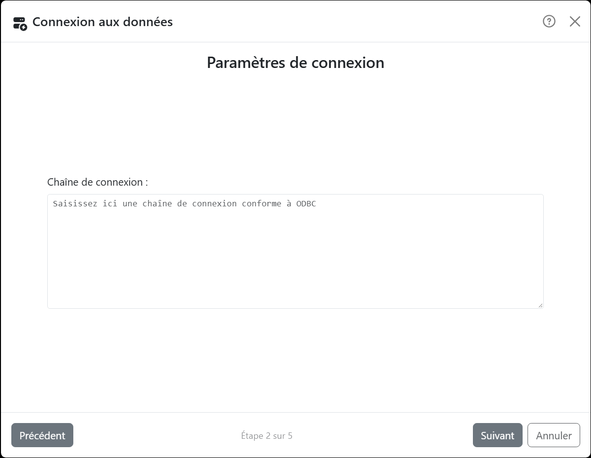 L'étape Paramètres de connexion de l'assistant pour Connexion
personnalisée : une seule zone Chaîne de connexion, avec l'indication Saisissez ici une chaîne de connexion conforme à
ODBC.
