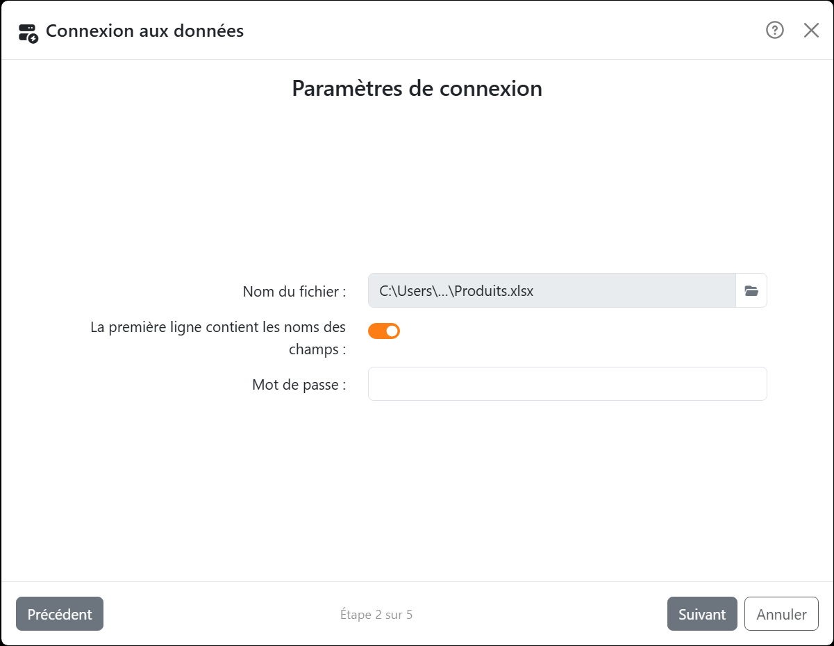 L'étape Paramètres de connexion de l'assistant pour Excel :
Nom du fichier avec Produits.xlsx, La première ligne contient les noms des champs activé, et Mot de passe.