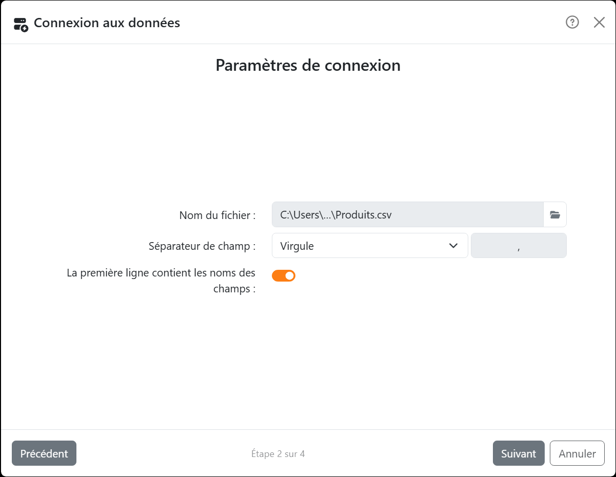 L'étape Paramètres de connexion de l'assistant pour un fichier
texte&nbsp;: Nom du fichier avec Produits.csv, Séparateur de champ sur Virgule, et La première ligne contient les noms
des champs activé.