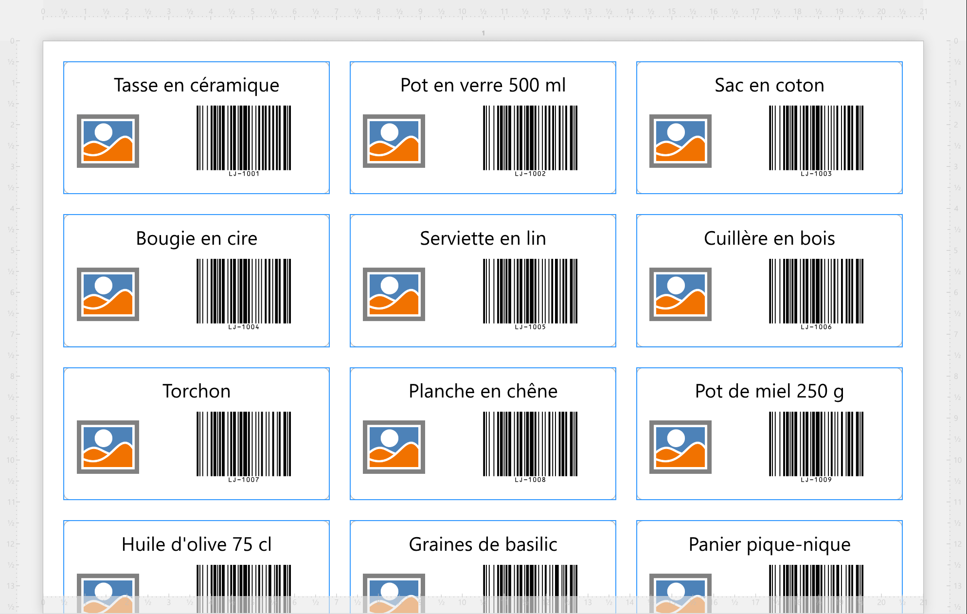 La zone de travail avec une planche d'étiquettes créées à partir d'une
liste de produits : chaque étiquette affiche une description de produit différente, avec sa référence en
code-barres.