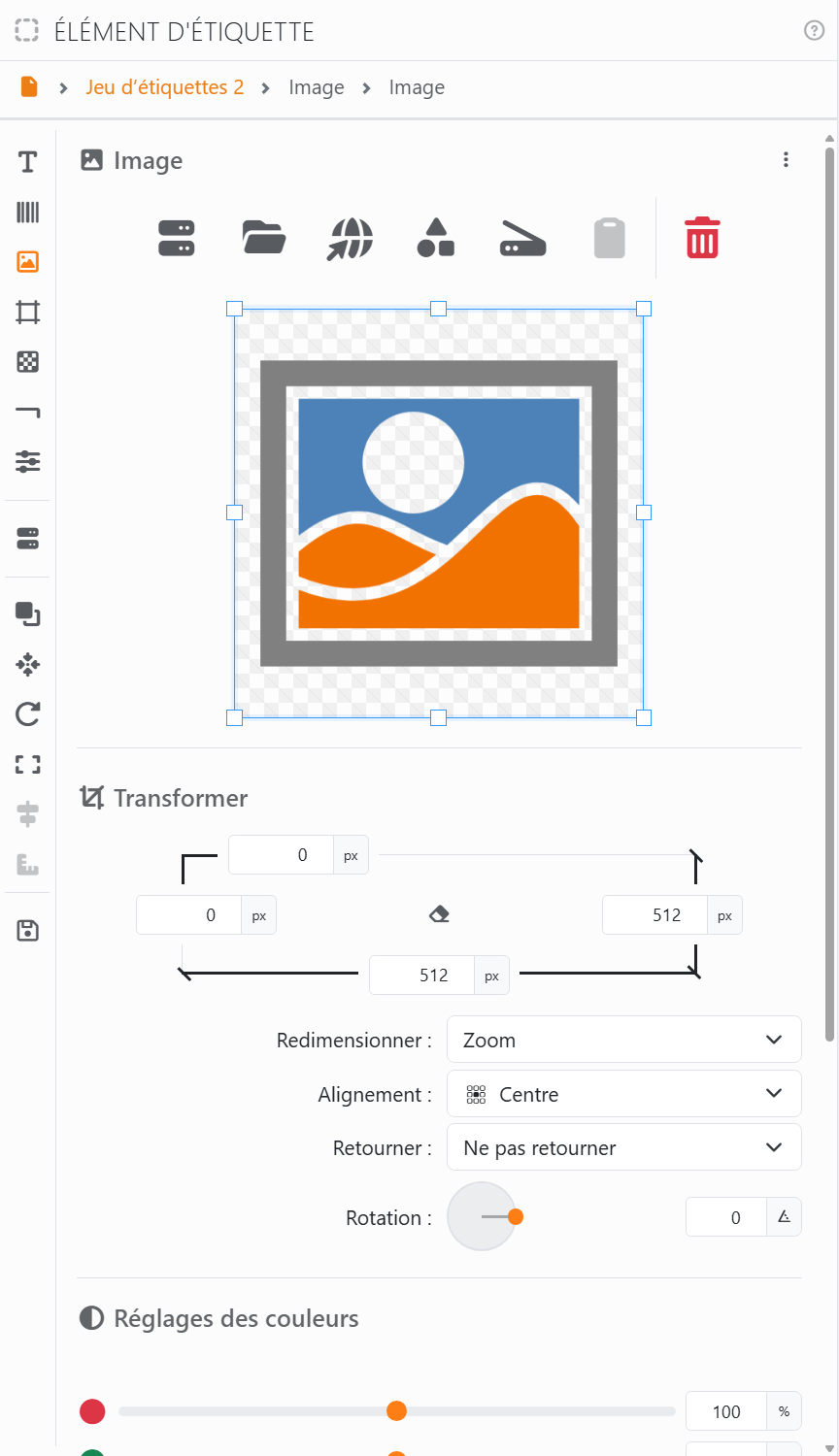 La section Image : les boutons pour obtenir une image, puis
l'image avec un cadre de recadrage, Transformer avec les cases de recadrage, Redimensionner Zoom, Alignement Au centre,
Retourner Ne pas retourner et Rotation 0, et le début de Réglages des couleurs.
