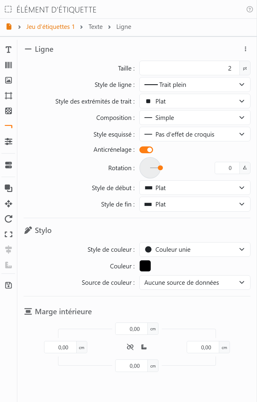 La section Ligne&nbsp;: Taille 2 pt, Style de ligne Trait plein, Style des extrémités de trait Plat, Composition Simple, Style esquissé Pas d’effet de croquis, Anticrénelage activé, Rotation 0, Style de début et Style
de fin Plat, puis Stylo et Marge intérieure.