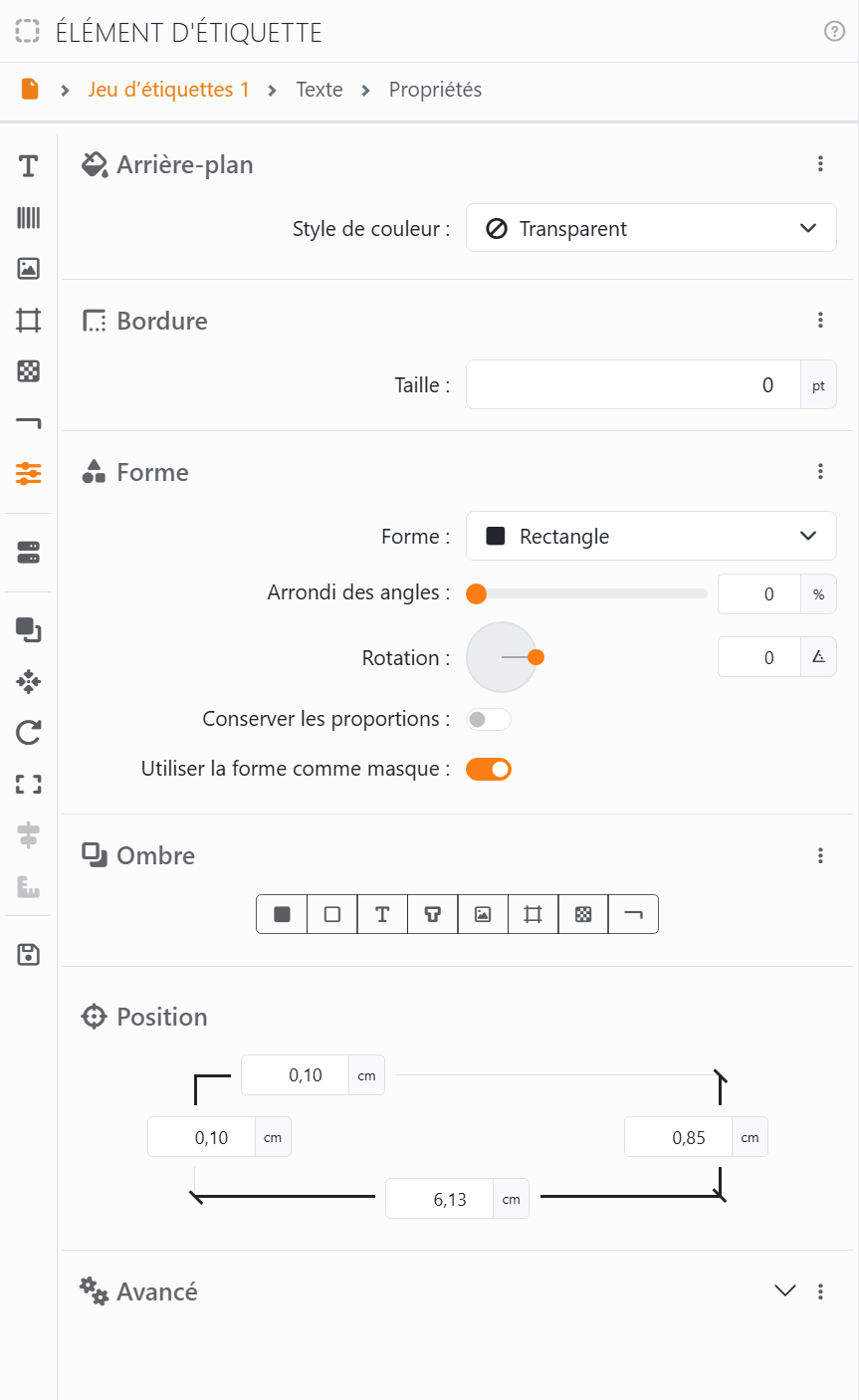 La section Propriétés : Arrière-plan avec Style de couleur
Transparent, Bordure avec Taille 0 pt, Forme avec Rectangle, Arrondi des angles, Rotation, Conserver les proportions et Utiliser
la forme comme masque, Ombre avec sa rangée de boutons, Position avec quatre cases, et Avancé.