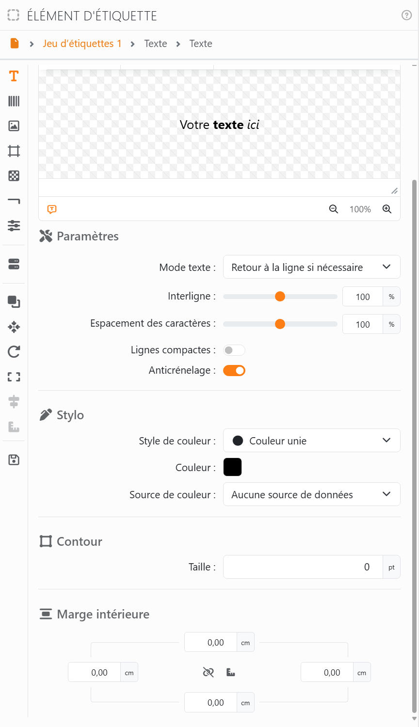 La section Texte sous l'éditeur : Paramètres, avec Mode
texte sur Retour à la ligne si nécessaire, Interligne et Espacement des caractères à 100 %, Lignes compactes
désactivé et Anticrénelage activé ; Stylo, avec Style de couleur sur Couleur unie et Couleur sur noir ; Contour,
avec Taille à 0 pt ; et Marge intérieure.