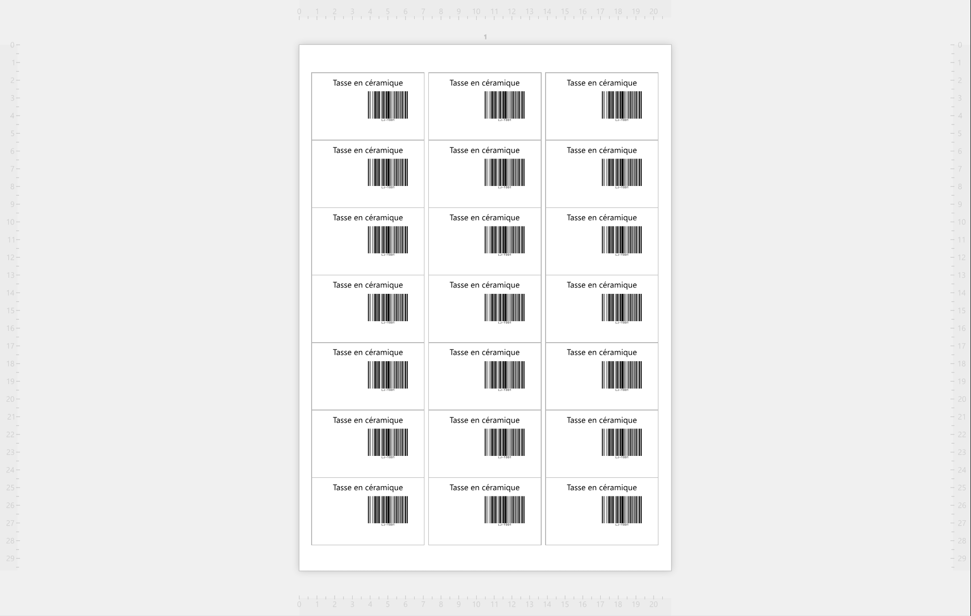La zone de travail montrant une planche entière d'Avery L7160 :
21 étiquettes, chacune avec le texte Tasse en céramique et un code-barres de LJ-1001.