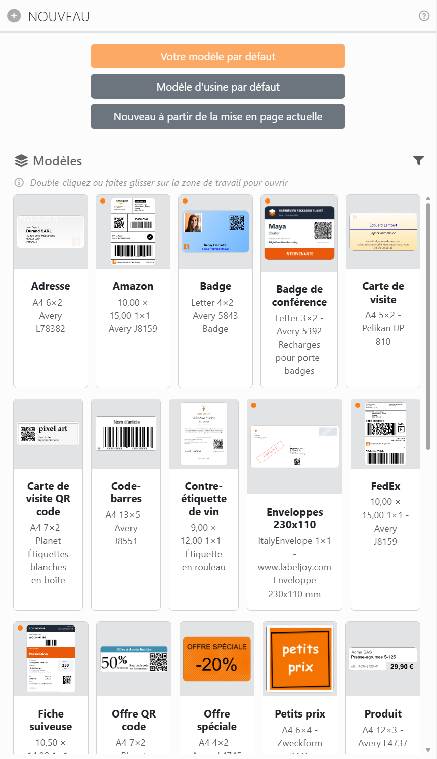 Le panneau Nouveau&nbsp;: les boutons Votre modèle par défaut,
Modèle d’usine par défaut et Nouveau à partir de la mise en page actuelle, et en dessous la galerie Modèles.