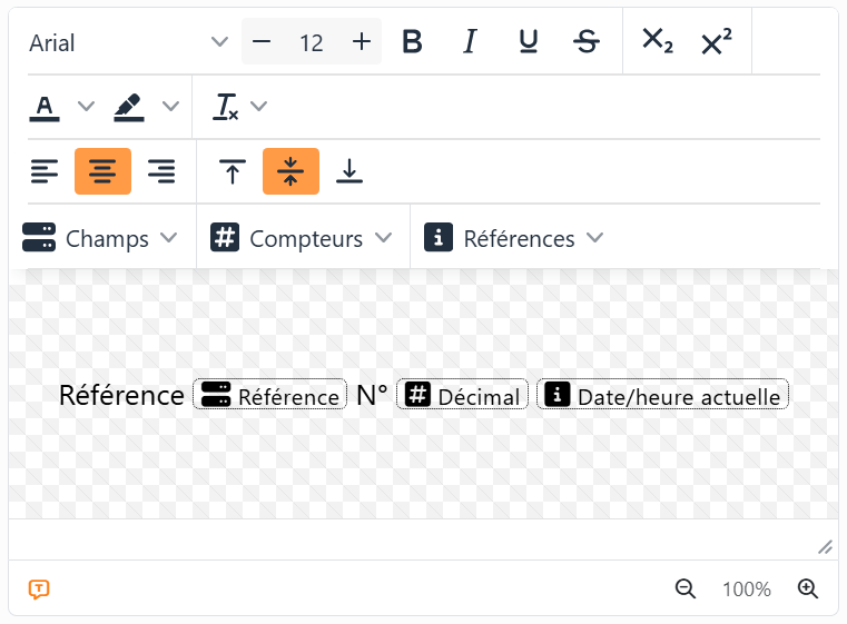 L'éditeur de texte contenant le mot Référence, un espace
réservé du champ Référence, le signe N°, un espace réservé du compteur Décimal et un espace réservé de la référence
Date/heure actuelle, chacun dans une petite case en pointillés avec son icône et son nom.