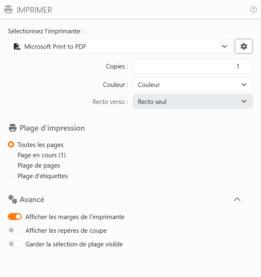 Le panneau Imprimer : Sélectionnez l’imprimante avec
Microsoft Print to PDF et la roue dentée Préférences de l’imprimante, Copies, Couleur et Recto verso, puis Plage
d'impression avec Toutes les pages, Page en cours, Plage de pages et Plage d’étiquettes, et la section Avancé
ouverte avec Afficher les marges de l’imprimante, Afficher les repères de coupe et Garder la sélection de plage
visible.