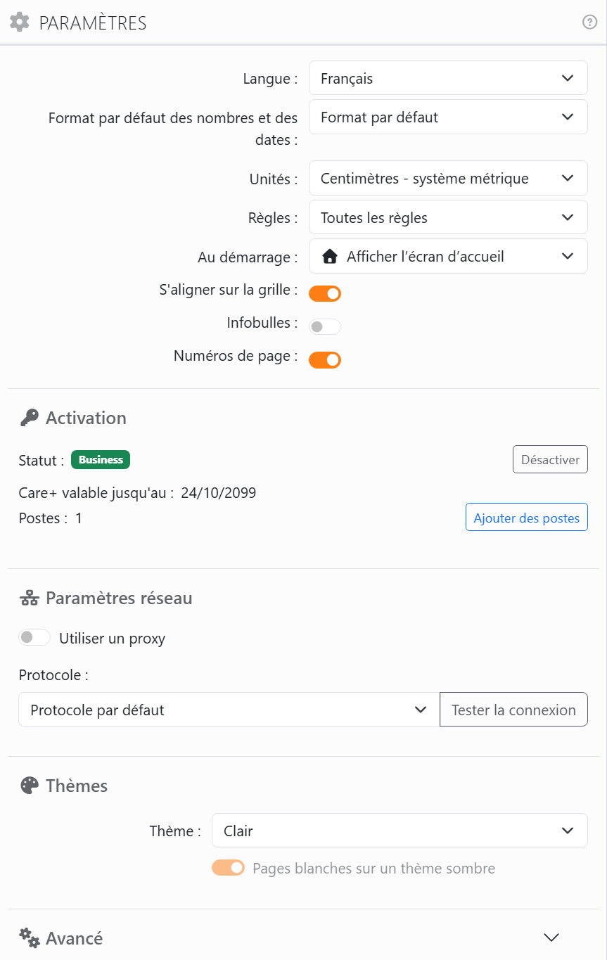 Le panneau Paramètres : Langue Français, Format par
défaut des nombres et dates Format par défaut, Unités, Règles, Au démarrage Afficher l'écran d'accueil, les
interrupteurs S'aligner sur la grille, Infobulles et Numéros de page, puis les sections Activation, Paramètres réseau,
Thèmes et, fermée, Avancé.