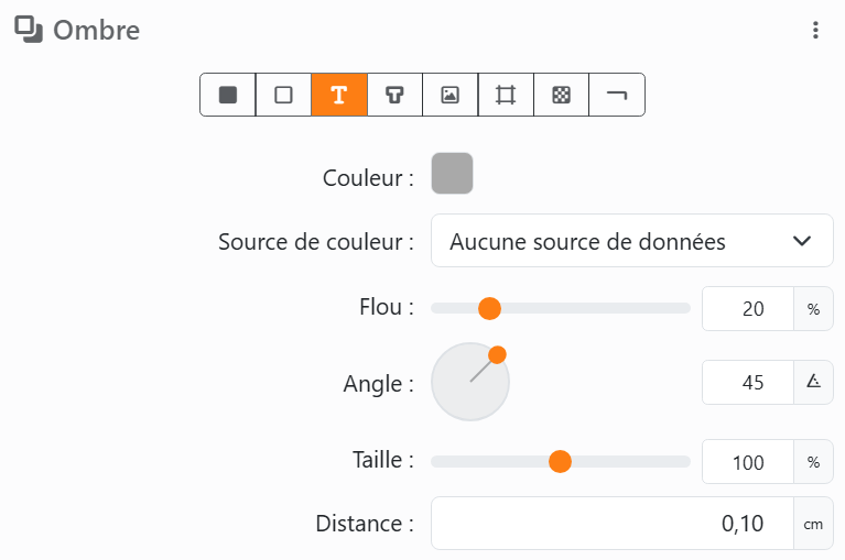 Ombre avec Texte choisi parmi les huit boutons, puis Couleur, Source
de couleur, Flou 20 %, Angle avec son cadran, Taille 100 % et Distance.
