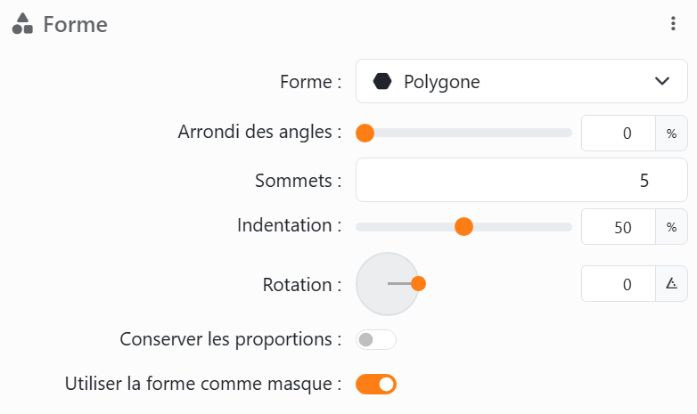 La section Forme d'un élément : Forme Polygone, Arrondi des
angles, Sommets 5, Indentation 50 % pour une étoile, Rotation avec son cadran, Conserver les proportions et Utiliser la
forme comme masque.