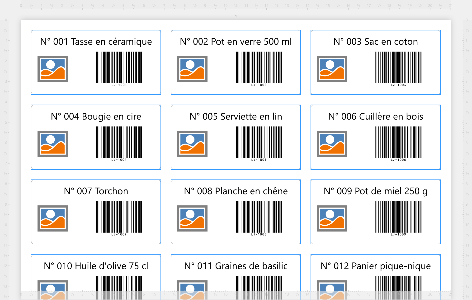 La zone de travail avec une feuille d'étiquettes de
produits : chacune affiche N° et un numéro supérieur d'une unité à celui de l'étiquette précédente - 001, 002, 003 -
puis un produit différent, avec la référence de ce produit comme code-barres.