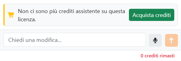La parte inferiore del pannello dell'assistente senza
crediti rimasti: l'avviso Non ci sono più crediti assistente su questa licenza, con il pulsante Acquista crediti, sopra
la casella con Invia attenuato, e 0 crediti rimasti in rosso.