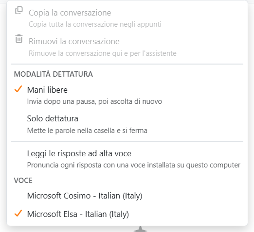 Il menu dell'ingranaggio: Copia la conversazione e Rimuovi la
conversazione, Modalità dettatura con Mani libere e Solo dettatura, Leggi le risposte ad alta voce e l'elenco
Voce.