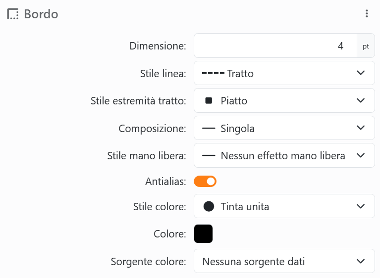 La sezione Bordo di un elemento: Dimensione 4 pt, Stile linea Tratto,
Stile estremità tratto Piatto, Composizione Singola, Stile mano libera Nessun effetto mano libera, Antialias attivato, poi Stile
colore Tinta unita, Colore e Sorgente colore.