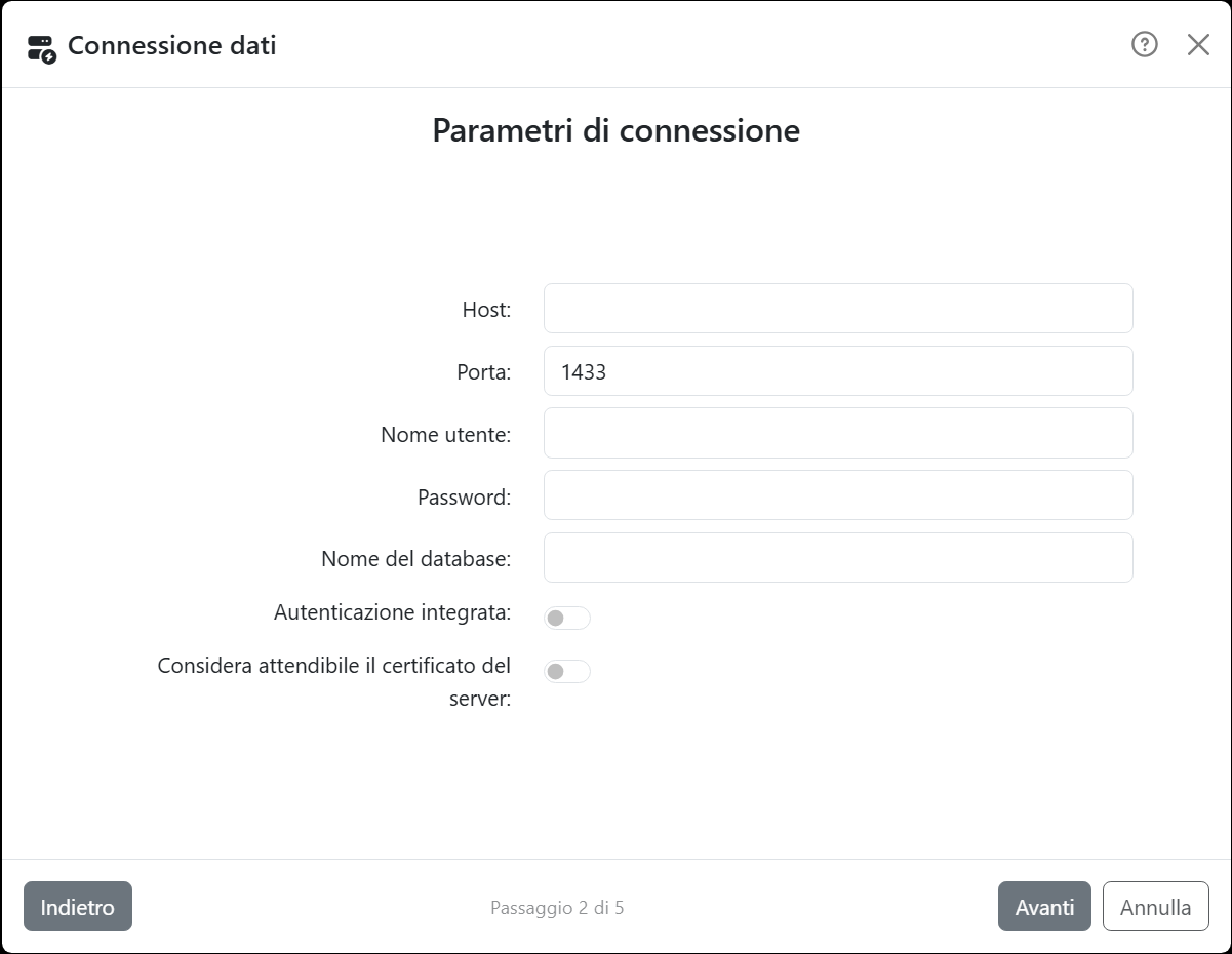 Il passaggio Parametri di connessione della
procedura guidata per SQL Server: Host, Porta con 1433, Nome utente, Password, Nome del database, e gli interruttori
Autenticazione integrata e Considera attendibile il certificato del server.
