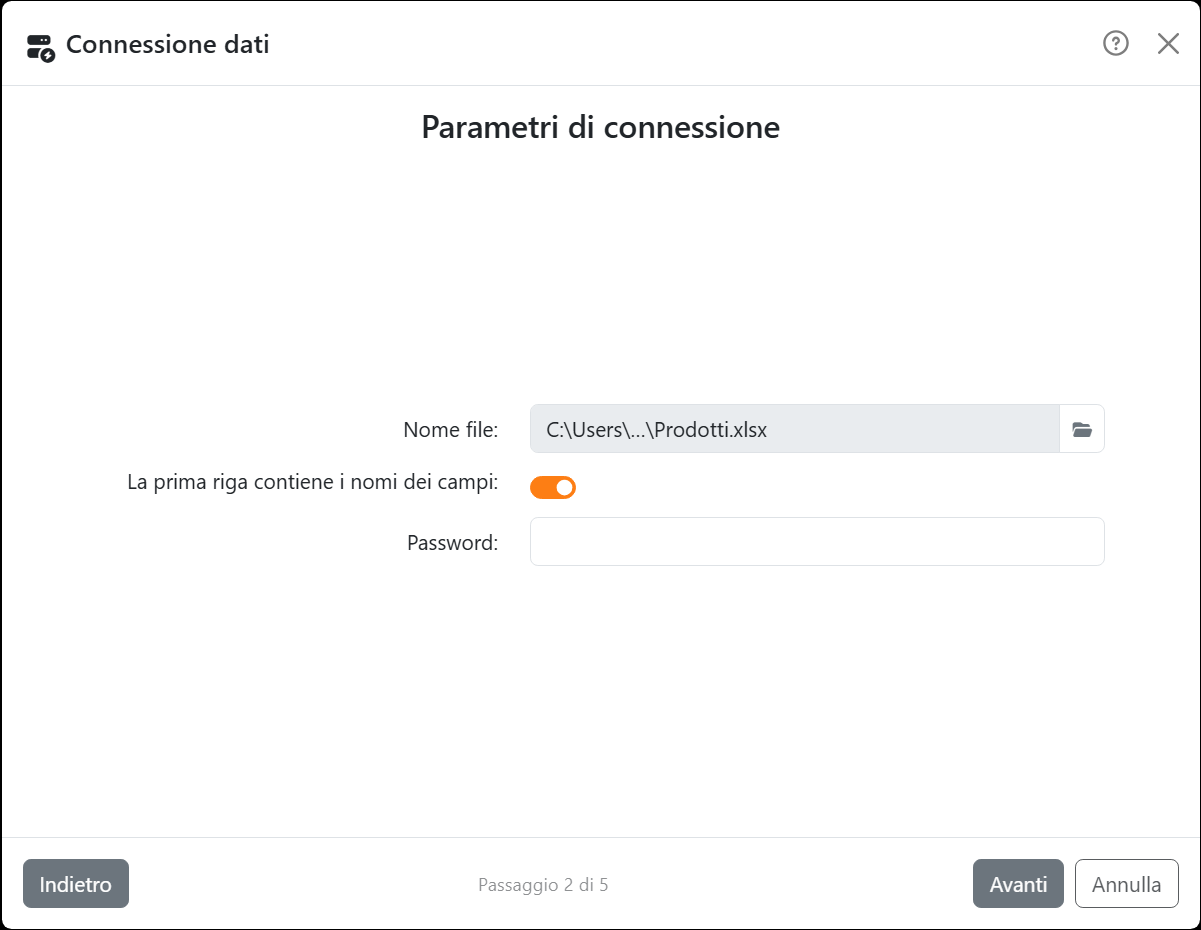 Il passaggio Parametri di connessione della procedura
guidata per Excel: Nome file con Prodotti.xlsx, La prima riga contiene i nomi dei campi attivo, e Password.