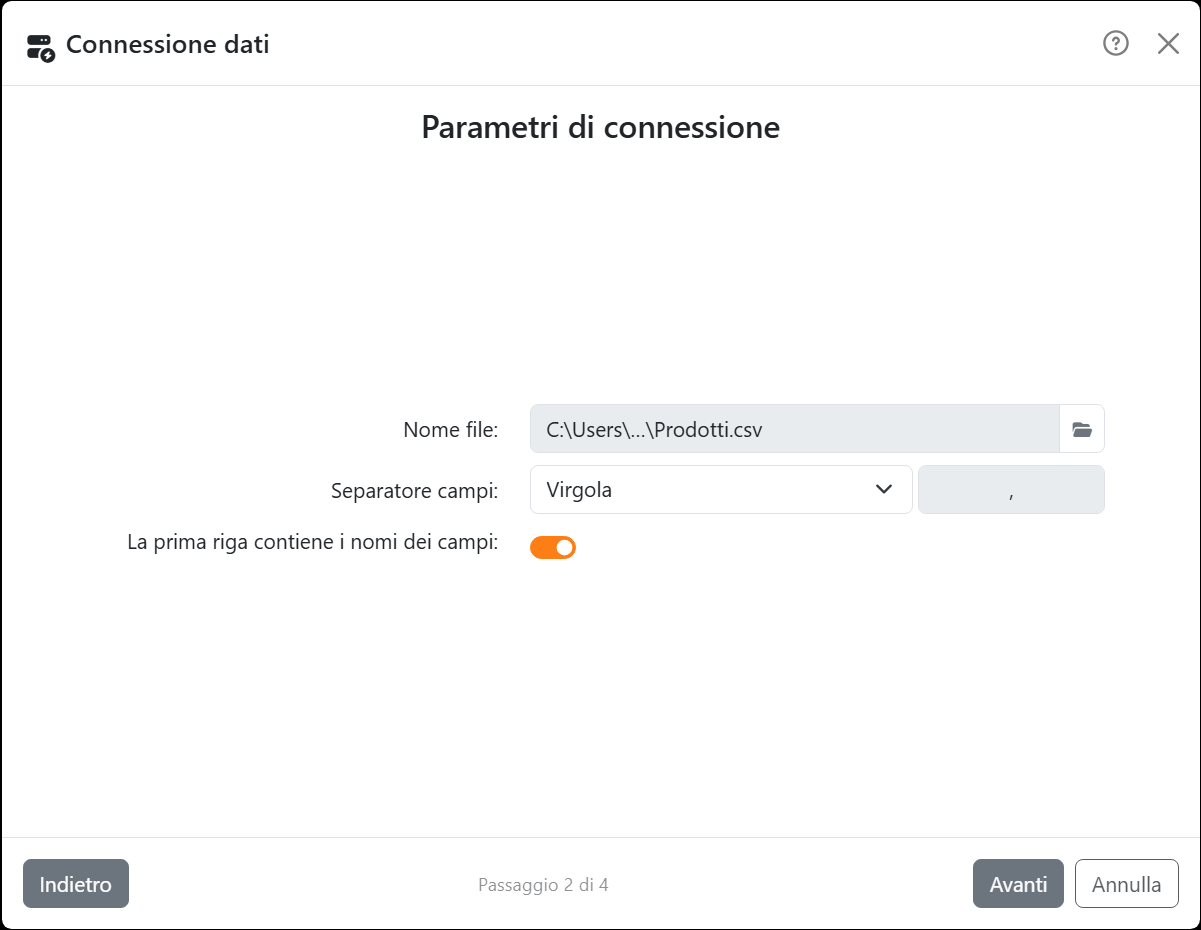 Il passaggio Parametri di connessione della procedura
guidata per un file di testo: Nome file con Prodotti.csv, Separatore campi su Virgola e La prima riga contiene i nomi
dei campi attivo.