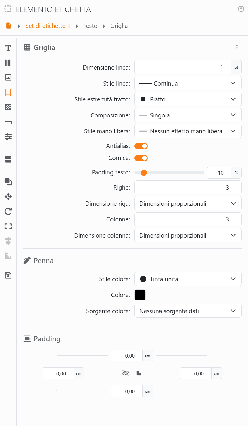 La sezione Griglia: Dimensione linea 1 pt, Stile linea Continua,
Stile estremità tratto Piatto, Composizione Singola, Stile mano libera Nessun effetto mano libera, Antialias attivo, Cornice attiva, Padding testo
10%, Righe 3 e Dimensione riga Dimensioni proporzionali, Colonne 3 e Dimensione colonna Dimensioni proporzionali, poi Penna e Padding.