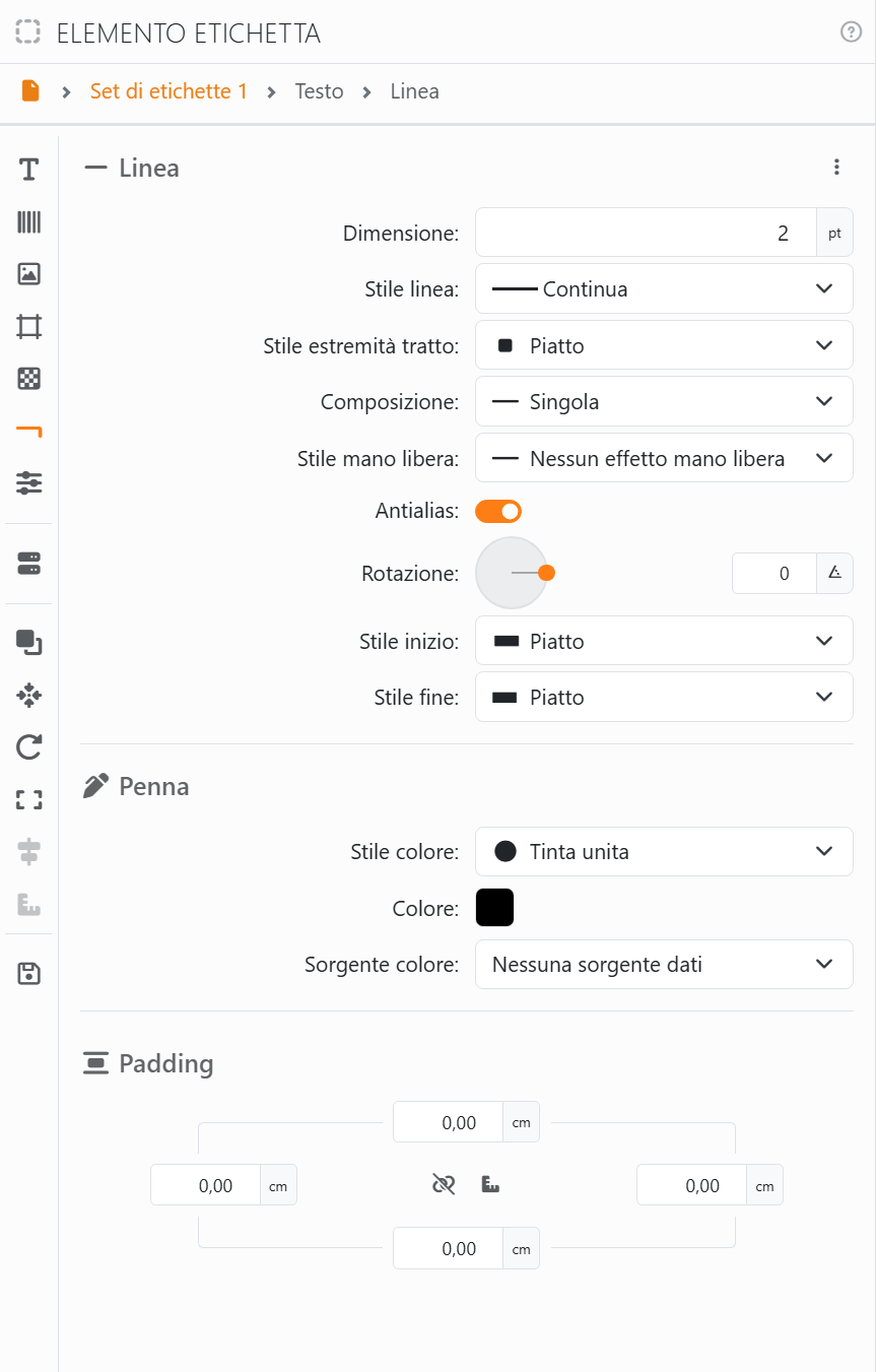 La sezione Linea: Dimensione 2 pt, Stile linea Continua, Stile estremità tratto Piatto, Composizione Singola, Stile mano libera Nessun effetto mano libera, Antialias attivo, Rotazione 0, Stile inizio e Stile
fine Piatto, poi Penna e Padding.