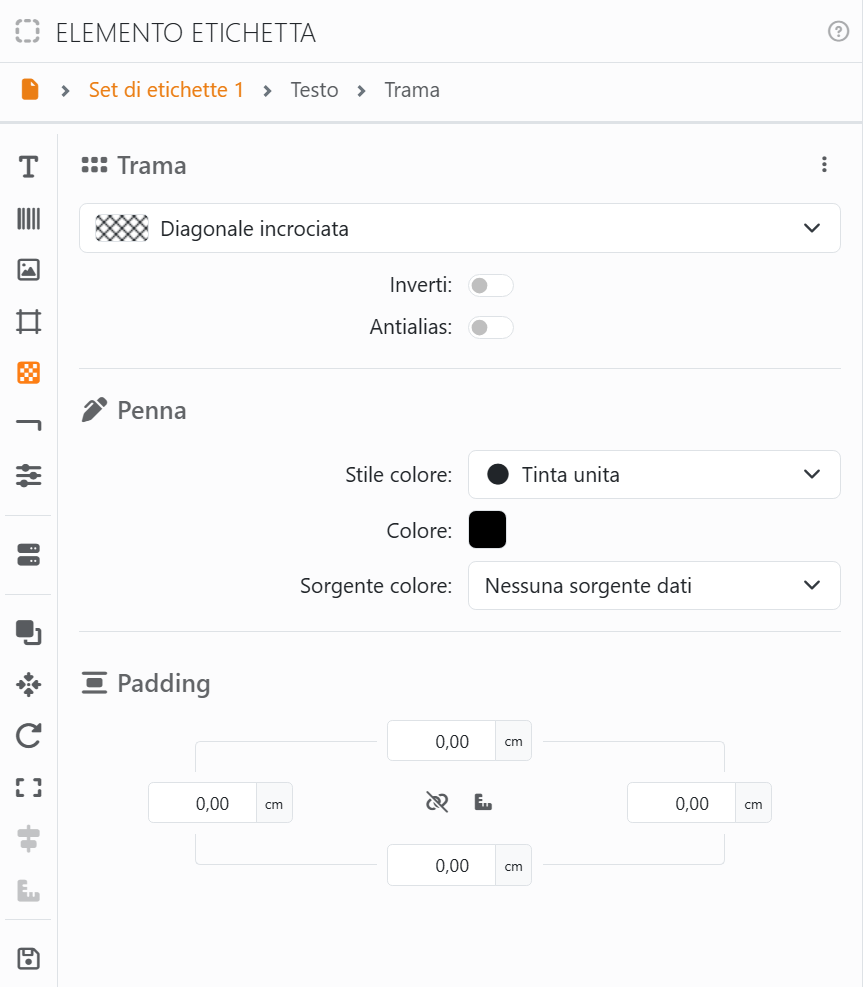 La sezione Trama con Diagonale incrociata selezionata, Inverti
disattivato, Antialias disattivato, poi Penna e Padding.