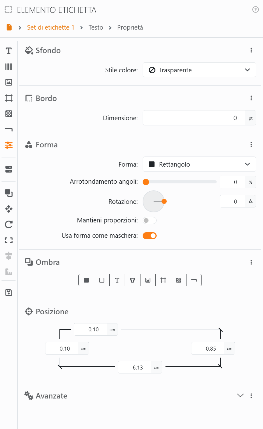 La sezione Proprietà: Sfondo con Stile colore
Trasparente, Bordo con Dimensione 0 pt, Forma con Rettangolo, Arrotondamento angoli, Rotazione, Mantieni proporzioni e
Usa forma come maschera, Ombra con la sua fila di pulsanti, Posizione con quattro caselle, e Avanzate.