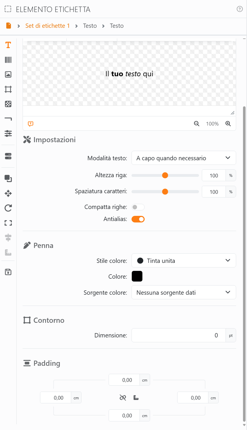 La sezione Testo sotto l'editor: Impostazioni, con Modalità
testo A capo quando necessario, Altezza riga e Spaziatura caratteri al 100%, Compatta righe disattivato e Antialias
attivato; Penna, con Stile colore Tinta unita e Colore nero; Contorno, con Dimensione 0 pt; e Padding.