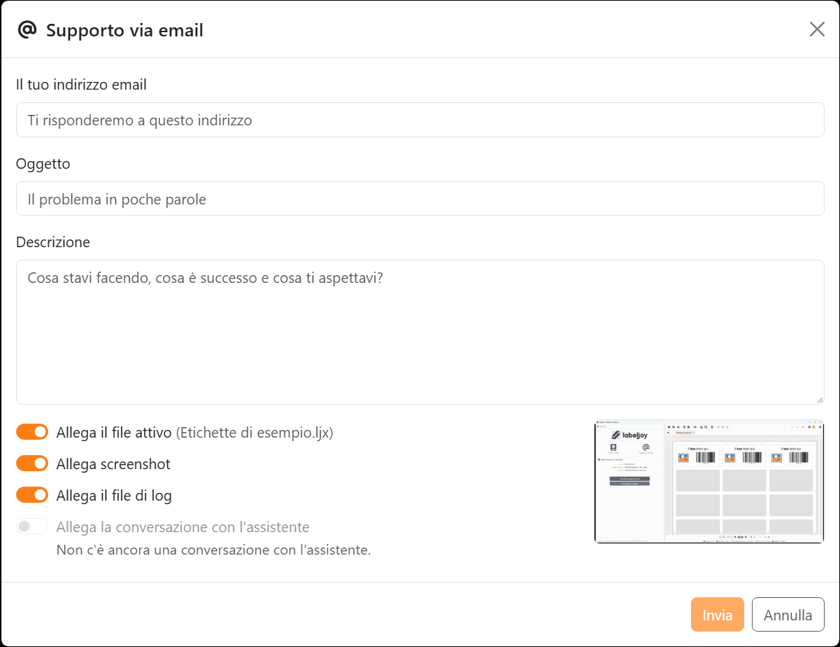 La finestra Supporto via email: Il tuo indirizzo email, Oggetto e Descrizione, i quattro
interruttori Allega con Allega la conversazione con l'assistente disattivato, una piccola immagine della finestra di
Labeljoy, e Invia e Annulla.