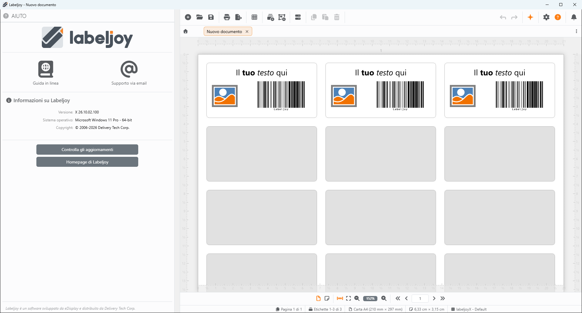 Labeljoy con un nuovo documento: la scheda Nuovo documento e,
nell'area di lavoro, un foglio in cui le prime tre etichette contengono ciascuna Il tuo testo qui, un'immagine e un
barcode, mentre il resto del foglio è grigio.