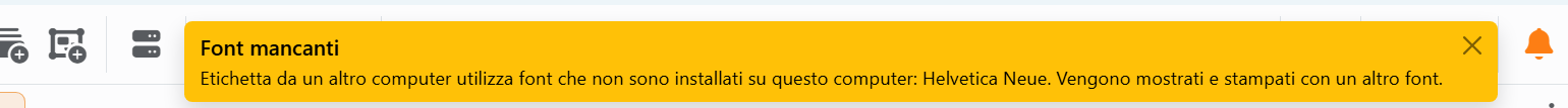 Un riquadro Font mancanti in alto a destra nella finestra, e accanto la campanella, arancione.