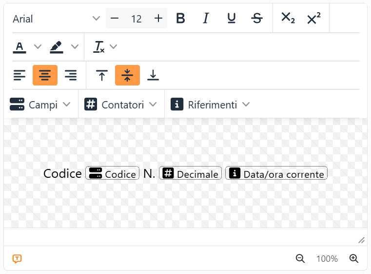 L'editor di testo con la parola Codice, un segnaposto del campo
Codice, la parola N., un segnaposto del contatore Decimale e un segnaposto del riferimento Data/ora corrente, ognuno
un piccolo riquadro tratteggiato con la sua icona e il suo nome.