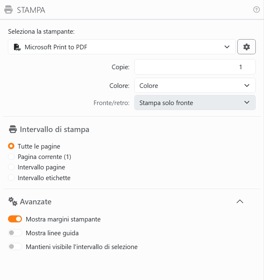 Il pannello Stampa: Seleziona la stampante con Microsoft Print
to PDF e l'ingranaggio Opzioni stampante, Copie, Colore e Fronte/retro, poi Intervallo di stampa con Tutte le pagine,
Pagina corrente, Intervallo pagine e Intervallo etichette, e la sezione Avanzate aperta con Mostra margini stampante,
Mostra linee guida e Mantieni visibile l'intervallo di selezione.