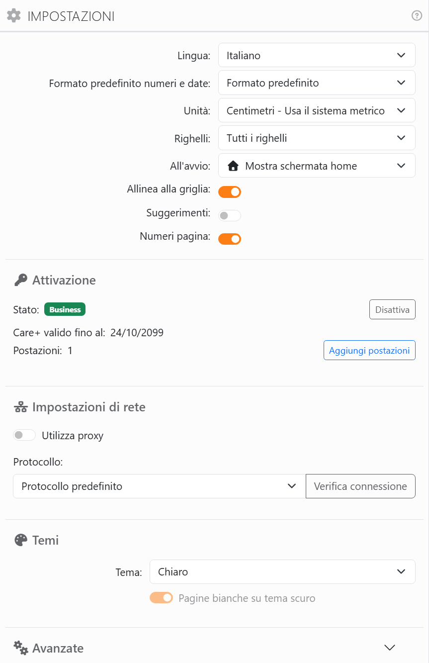 Il pannello Impostazioni: Lingua Italiano, Formato
predefinito numeri e date Formato predefinito, Unità, Righelli, All'avvio Mostra schermata home, gli interruttori
Allinea alla griglia, Suggerimenti e Numeri pagina, poi le sezioni Attivazione, Impostazioni di rete, Temi e, chiusa,
Avanzate.