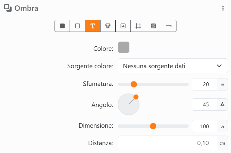 Ombra con Testo scelto tra gli otto pulsanti, poi Colore, Sorgente
colore, Sfumatura 20%, Angolo con la sua manopola, Dimensione 100% e Distanza.