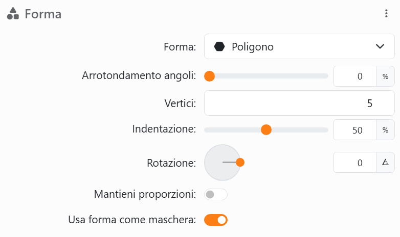 La sezione Forma di un elemento: Forma Poligono, Arrotondamento
angoli, Vertici 5, Indentazione 50% per una stella, Rotazione con la sua manopola, Mantieni proporzioni e Usa forma come
maschera.