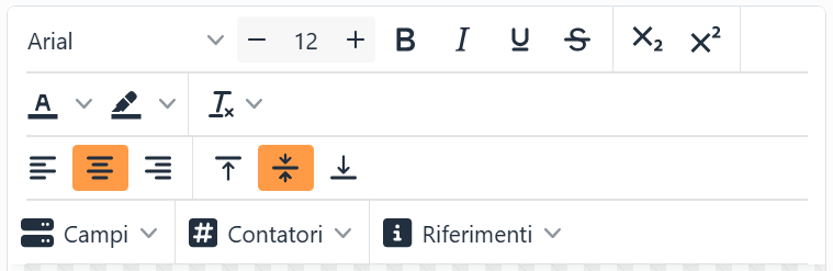 La barra degli strumenti dell'editor di testo: il carattere
Arial, la dimensione 12 con meno e più, Grassetto, Corsivo, Sottolineato, Barrato, pedice e apice; i colori del testo e
dello sfondo e il menu per reimpostare il formato; Allinea a sinistra, al centro e a destra, Allinea in alto, al centro
e in basso; e Campi, Contatori e Riferimenti.