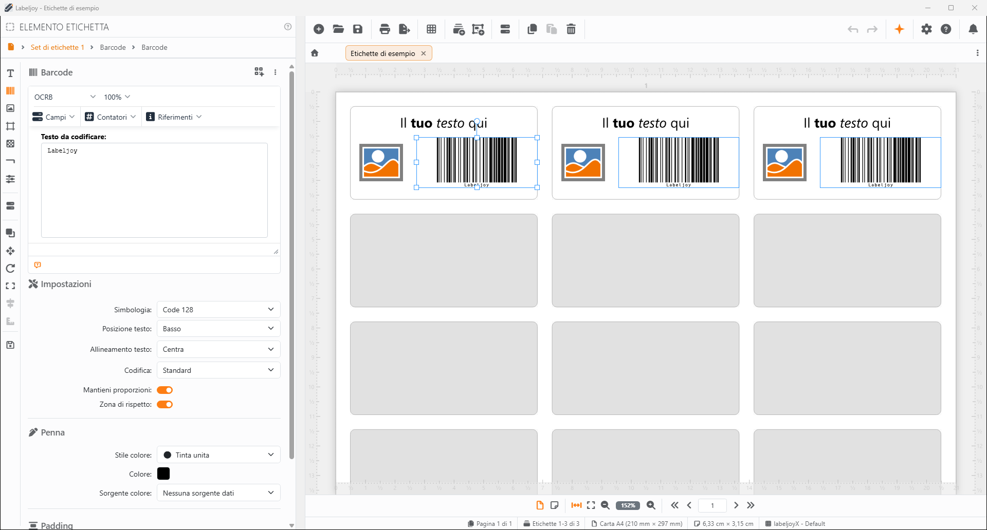 La finestra di Labeljoy con un documento aperto: la barra degli
strumenti e le schede dei documenti in alto, il pannello degli strumenti a sinistra, l'etichetta al centro, la barra
di stato in basso.
