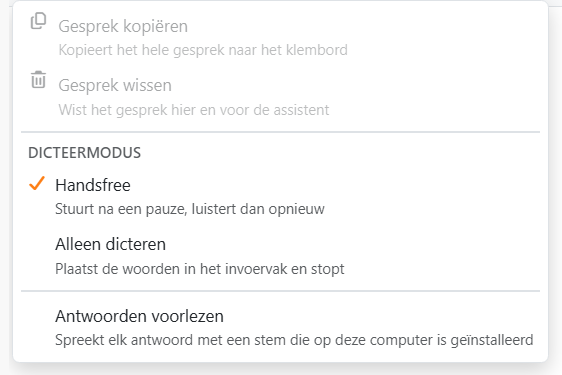 Het menu van het tandwiel: Gesprek kopiëren en Gesprek wissen,
Dicteermodus met Handsfree en Alleen dicteren, Antwoorden voorlezen, en de lijst Stem.