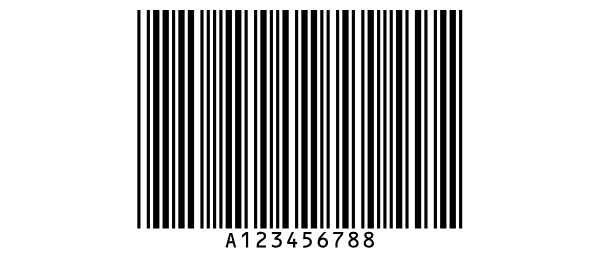 Een Code 32-barcode voor het AIC-nummer 12345678, met
A123456788 onder de streepjes.