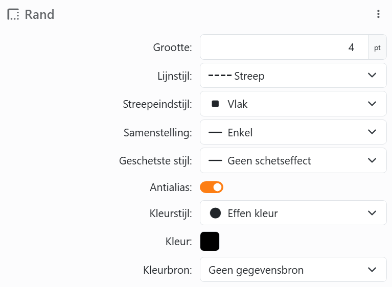 De sectie Rand van een element: Grootte 4 pt, Lijnstijl Streep,
Streepeindstijl Vlak, Samenstelling Enkel, Geschetste stijl Geen schetseffect, Antialias aan, dan Kleurstijl Effen kleur,
Kleur en Kleurbron.