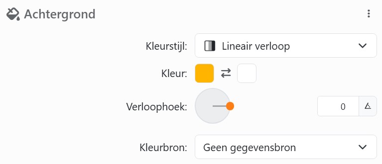 Het kleurbesturingselement van Achtergrond: Kleurstijl Lineair
verloop, twee kleuren met Kleuren omkeren ertussen, Verloophoek met de draaiknop, en Kleurbron Geen gegevensbron.