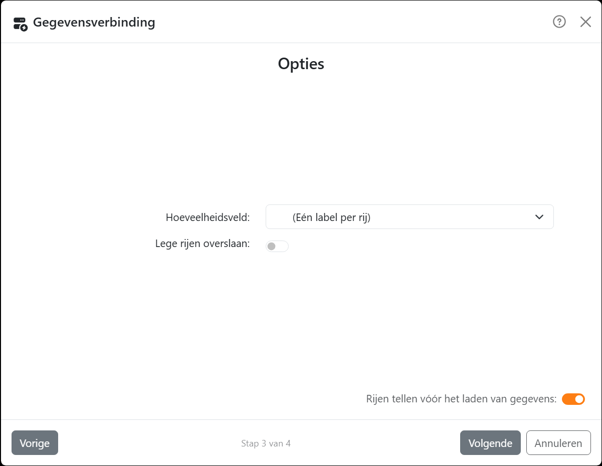 De stap Opties: Hoeveelheidsveld ingesteld op (Eén
label per rij), en de schakelaars Lege rijen overslaan en Rijen tellen vóór het laden van gegevens.