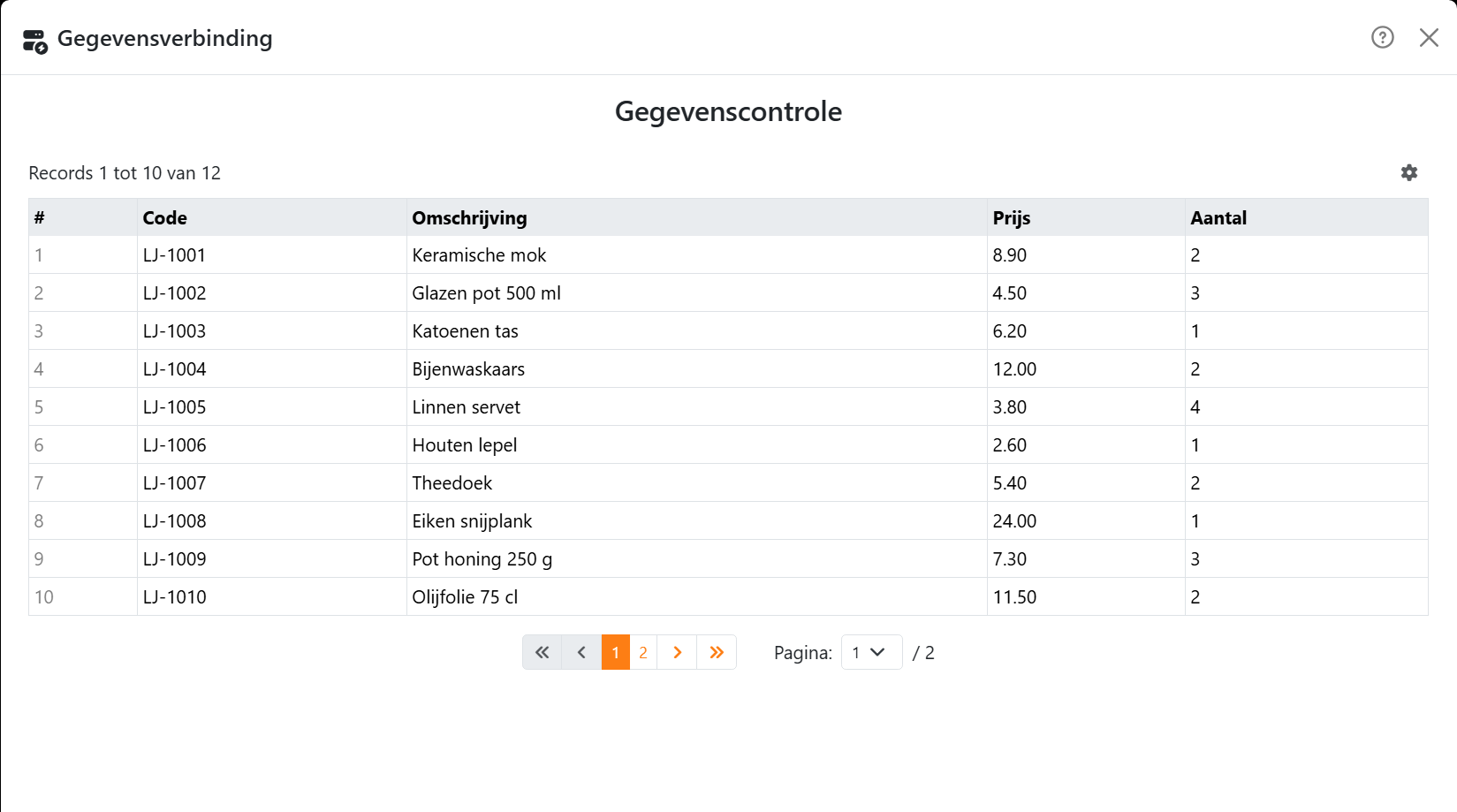 De stap Gegevenscontrole: een tabel met een kolom #
en de velden Code, Omschrijving, Prijs en Aantal, de eerste records van een productlijst, de regel Records 1 tot 10
van 12, en de paginaknoppen.