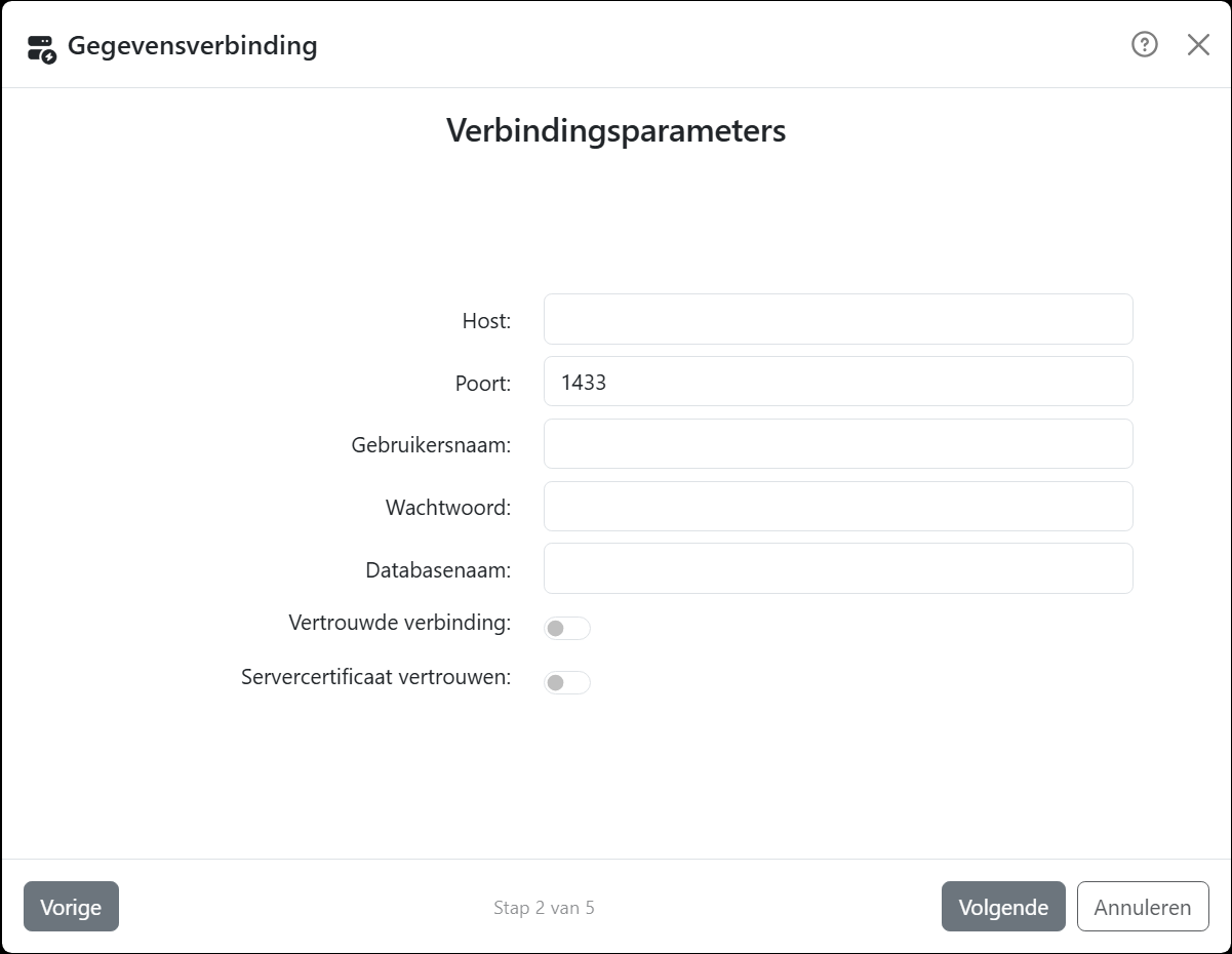 De stap Verbindingsparameters van de wizard voor SQL
Server: Host, Poort met 1433, Gebruikersnaam, Wachtwoord, Databasenaam en de schakelaars Vertrouwde verbinding en
Servercertificaat vertrouwen.
