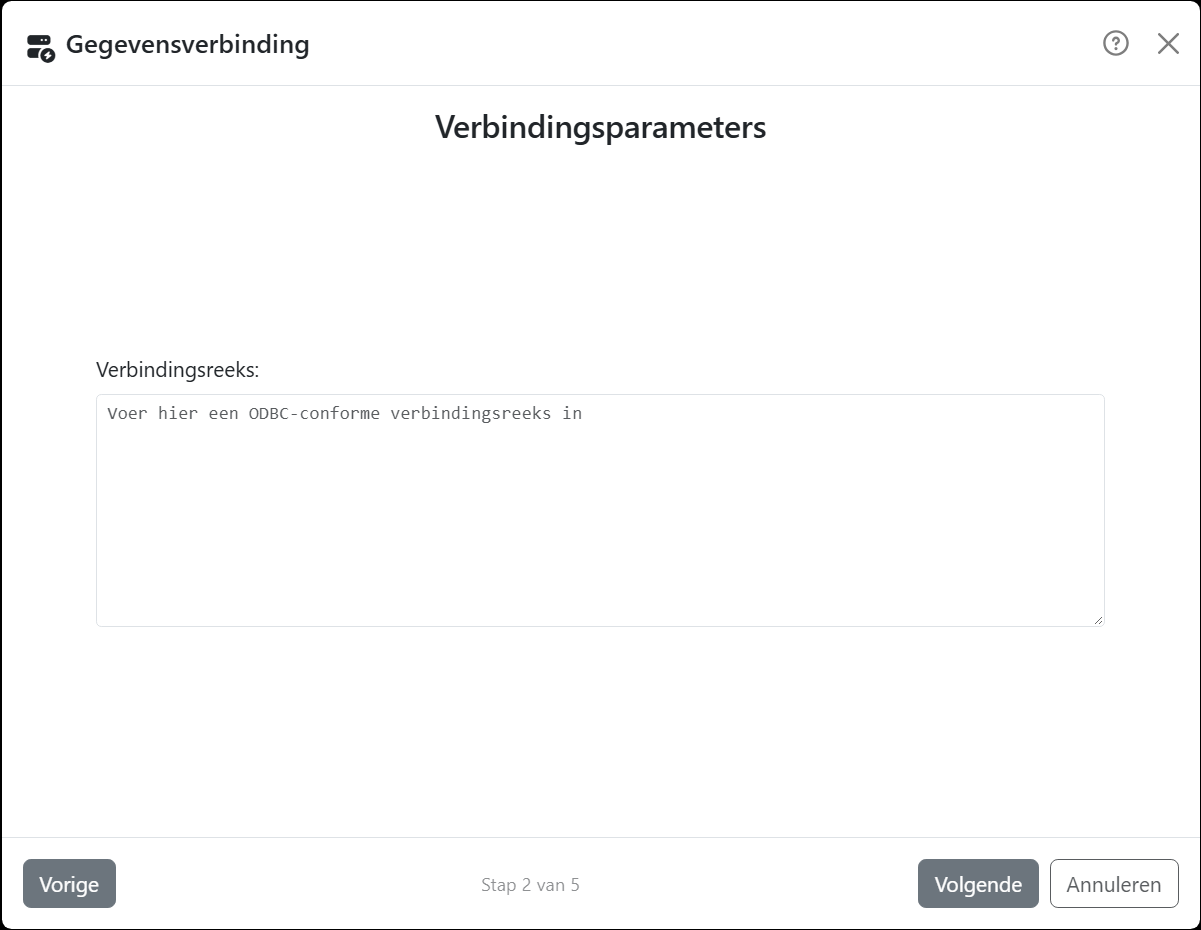 De stap Verbindingsparameters van de wizard voor Aangepaste
verbinding: één vak Verbindingsreeks, met de hint Voer hier een ODBC-conforme verbindingsreeks in.