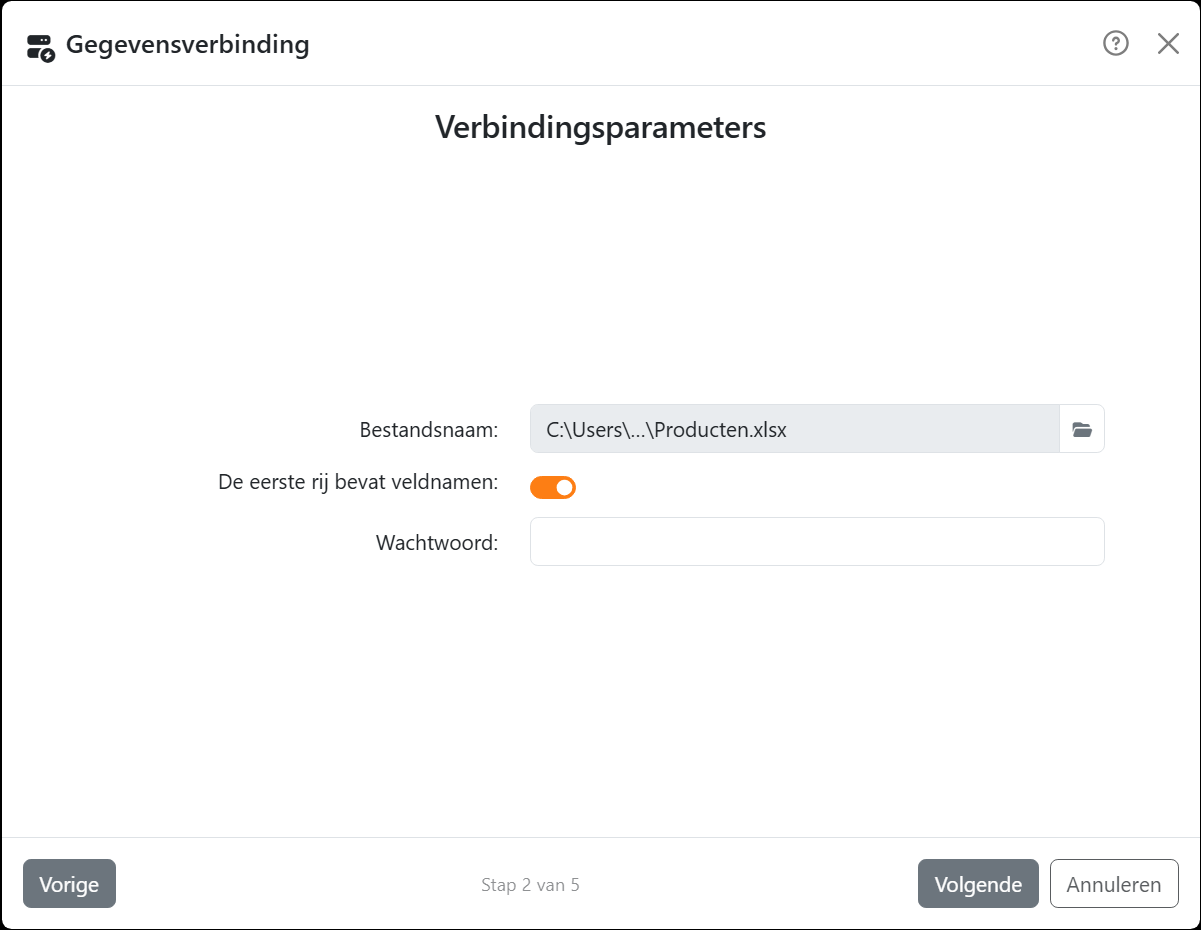 De stap Verbindingsparameters van de wizard voor Excel:
Bestandsnaam met Producten.xlsx, De eerste rij bevat veldnamen ingeschakeld, en Wachtwoord.