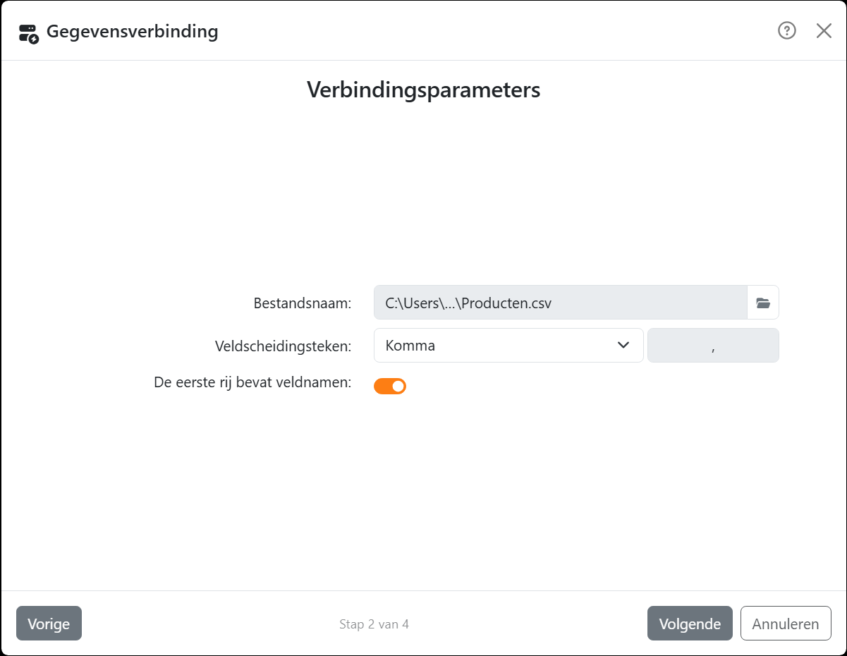 De stap Verbindingsparameters van de wizard voor een
tekstbestand: Bestandsnaam met Producten.csv, Veldscheidingsteken op Komma, en De eerste rij bevat veldnamen
ingeschakeld.