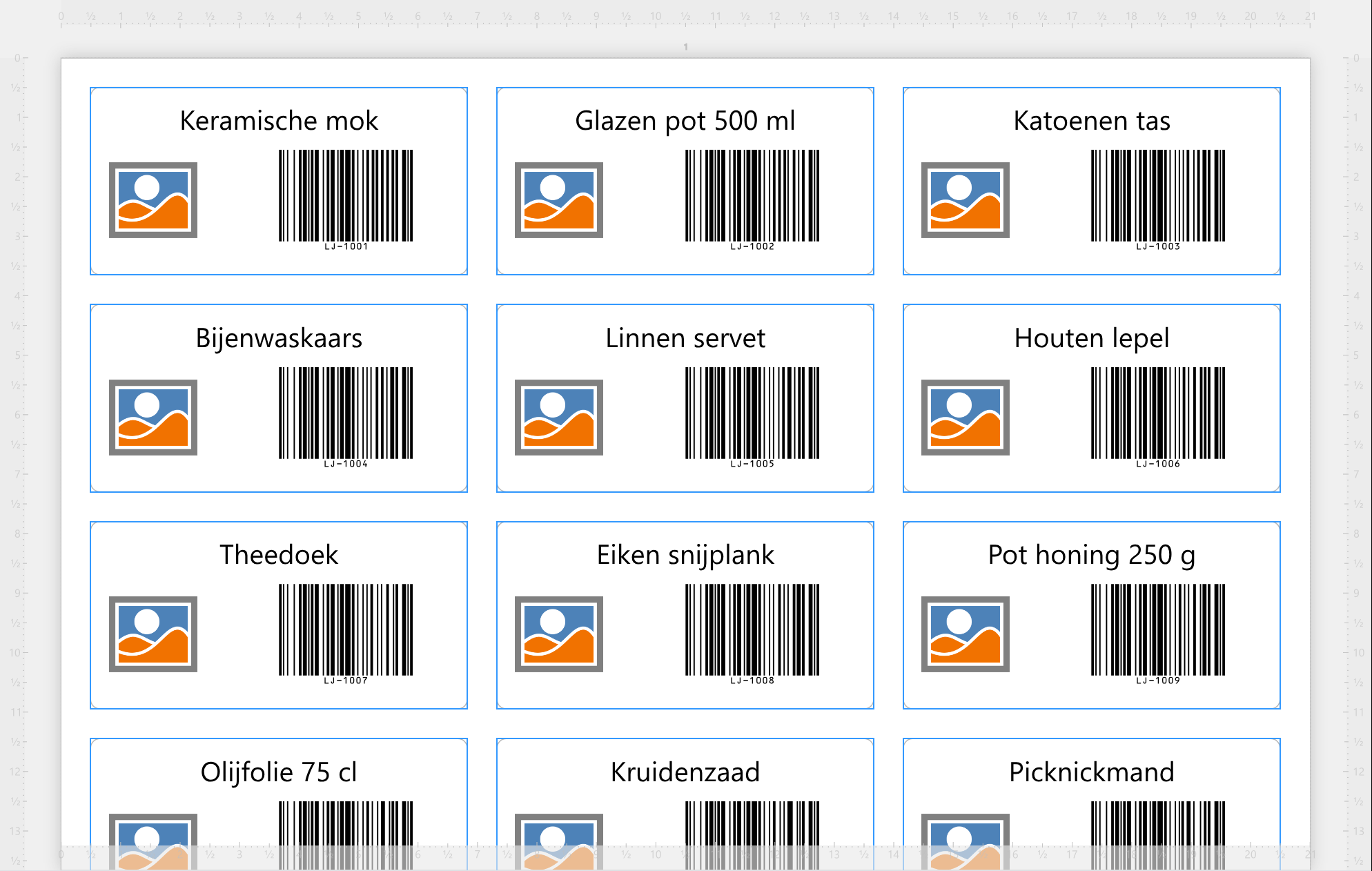 Het werkgebied met een vel labels gemaakt van een productlijst: elk
label toont een andere productomschrijving, met de productcode als barcode.