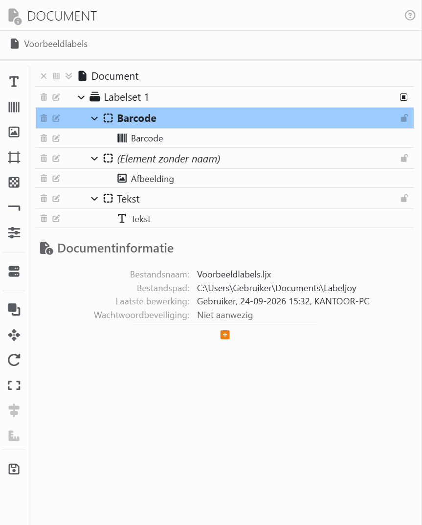 Het paneel Document: een strook pictogrammen aan de
linkerkant; de lijst met Document, Labelset 1 en de drie elementen daarvan, Barcode, een naamloos element en
Tekst, elk opengeklapt om te tonen wat het bevat; en daaronder Documentinformatie, met de bestandsnaam, het
bestandspad, de laatste bewerking en de wachtwoordbeveiliging.